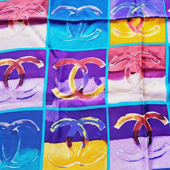 NEW Chanel CC Logo 100% Silk Multicolor Scarf 26" x 26" - Picture 9 of 11